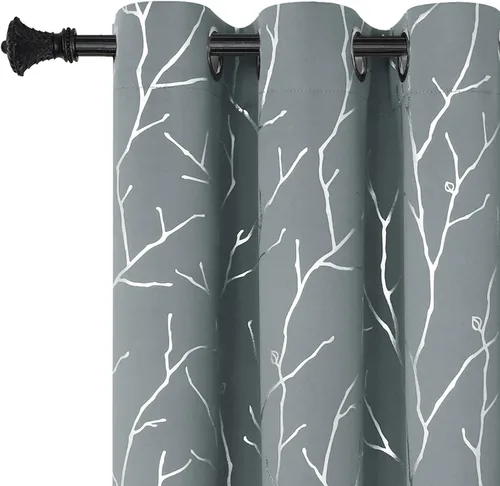 Vista 11 de BUHUA Cortinas pequeñas para ventana de 36 pulgadas de largo, 2 paneles, cortinas opacas con elegantes ramas de árbol plateadas, cortinas de bloqueo