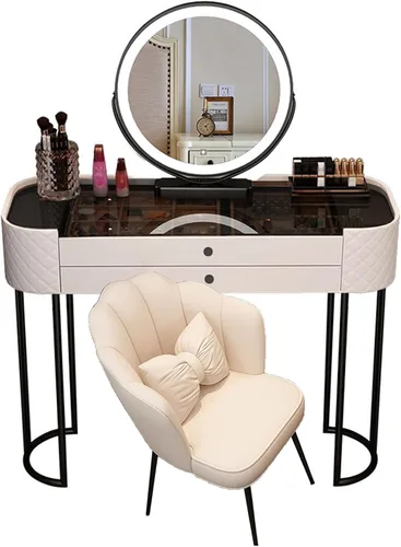 Vista 10 de Escritorio de tocador con espejo de luces regulables, mesa de tocador de maquillaje con 2 cajones y mesa de cristal, juego de mesa de tocador