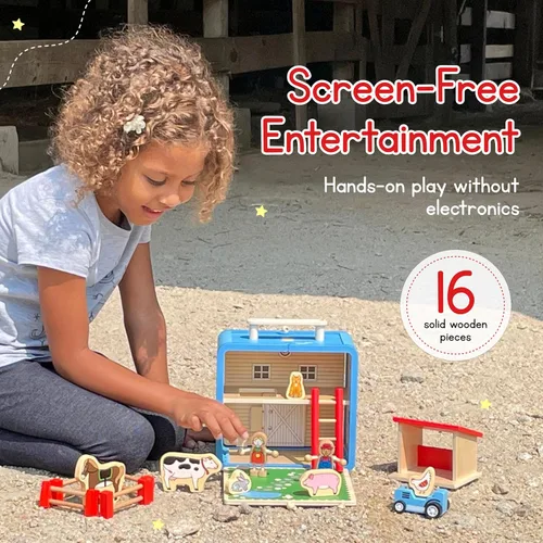 Vista 3 de Jack Rabbit Creations Barnyard Suitcase Playset - Juego de granja portátil de 16 piezas - A partir de 3 años Wooden Construction, 9 x 8 x 5 in, 2