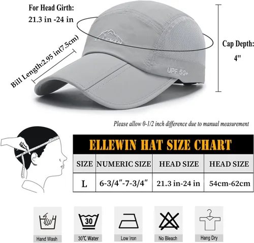 Vista 24 de ELLEWIN Gorra de béisbol unisex UPF 50 sin estructura, con pico grande y plegable