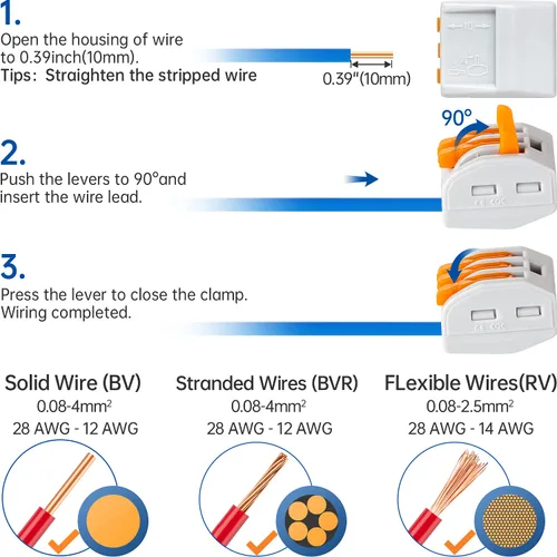 Vista 4 de 50 conectores de cable de palanca, conectores de empalme compactos para cables flexibles trenzados sólidos (3 conductores-naranja)
