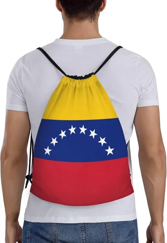 Vista 2 de Mochila Venezuela con cordón para yoga, playa, ligera, gimnasio, deportes, cuerda, bolsa venezolana, decoración al aire libre, Negro