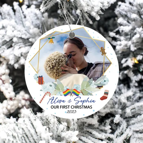 Vista 3 de Nombres de fotos personalizados, regalo de adorno de lesbianas gay, foto personalizada para parejas LGBT Gay Lesbianas Orgullo Arco Iris Ornamento