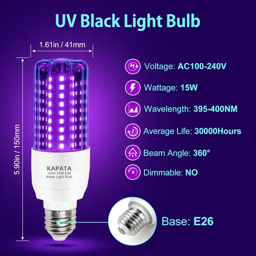 Vista 2 de Kapata Bombilla LED UV negra de 15 W, ahorro de energía, luces negras UV, nivel UVA 395-400 nm, brilla en la oscuridad, equivalente a luz