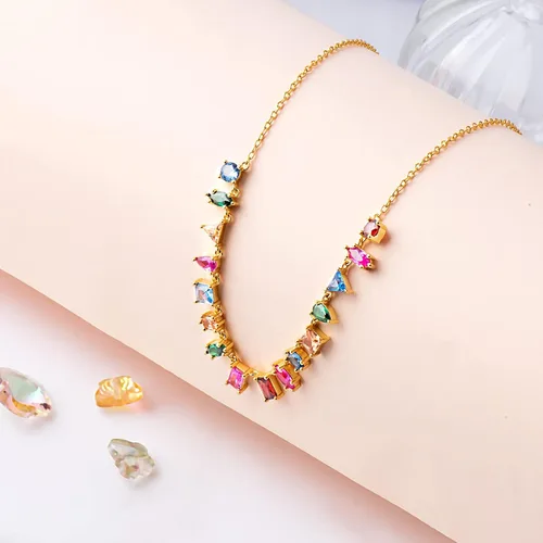 Vista 4 de G&GEMSJEW Women Gold Colorful Gemstone Necklace Multicolor CZ Rainbow Chain Choker for Girls 14K Gold Plated Multi Gems Necklace