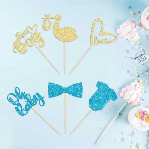 Vista 7 de Gyufise Paquete de 36 adornos para cupcakes Oh Baby ensamblados con texto en inglés "It's a Boy" con corbata, mameluco de amor, corazón, purpurina