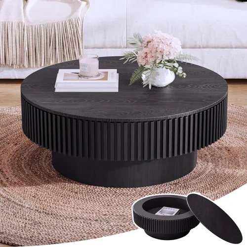 Vista 17 de Mesa de café redonda de 80 cm en madera, mesa de café circular moderna y única, mesa auxiliar contemporánea de roble con forma de tambor y acento