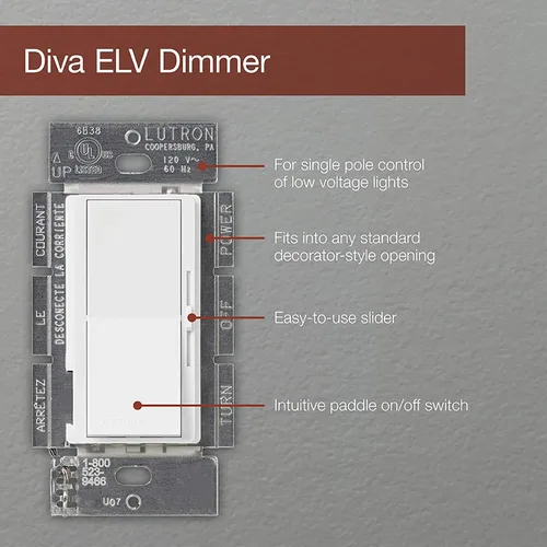 Vista 5 de Lutron DVSCELV-300P-BI Diva - Regulador electrónico de bajo voltaje de 300 vatios de un solo polo, galleta
