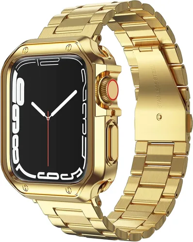Vista 12 de Compatible con Apple Watch Banda y Estuche, Cadena de Metal de Acero Inoxidable con Cubierta de TPU, Correa de Pulsera de Eslabones