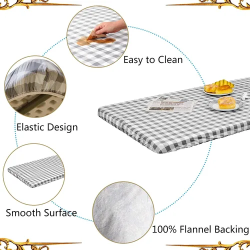 Vista 4 de Zhenrui Mantel rectangular elástico ajustable de 6 pies, impermeable, a prueba de derrames, de vinilo, estampado a cuadros grises con franela