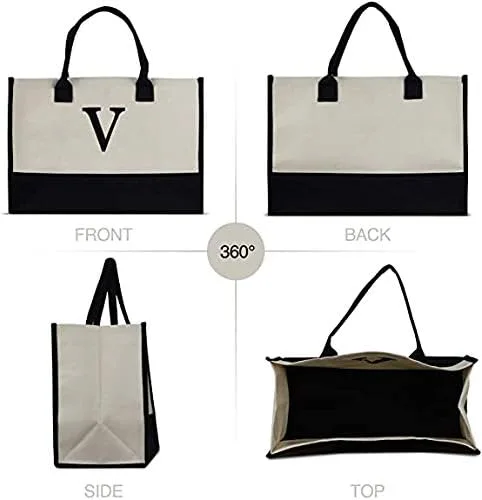 Vista 7 de Personalized Gift Monogram Initial 100% Cotton Two Tone Chic Tote Bag with Customize Option - Black