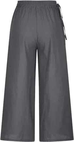 Vista 5 de Pantalones palazzo de talla grande para mujer, pantalones holgados de lino y algodón, pantalones largos para descansar, pantalones holgados