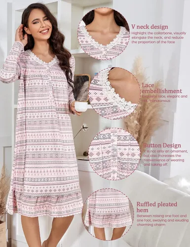 Vista 3 de MZROCR Camisones de manga larga para mujer, de algodón suave, cuello en V, ligero, ropa de dormir con encaje, para mujer