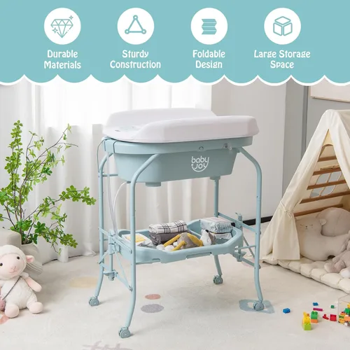 Vista 9 de BABY JOY Bañera para bebé con cambiador, estación plegable para cambiar pañales con bandeja de almacenamiento, almohadilla impermeable, organizador