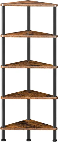 Vista 15 de HOOBRO Estante esquinero, estantería industrial de esquina de pared de 5 niveles con marco de metal, estante de exhibición de plantas, estantería