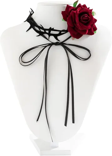 Vista 4 de Caiyao Gargantilla de flores de rosa para mujer, diseño de cordones, gargantilla floral de terciopelo en negro, rojo y azul, perfecto para bodas