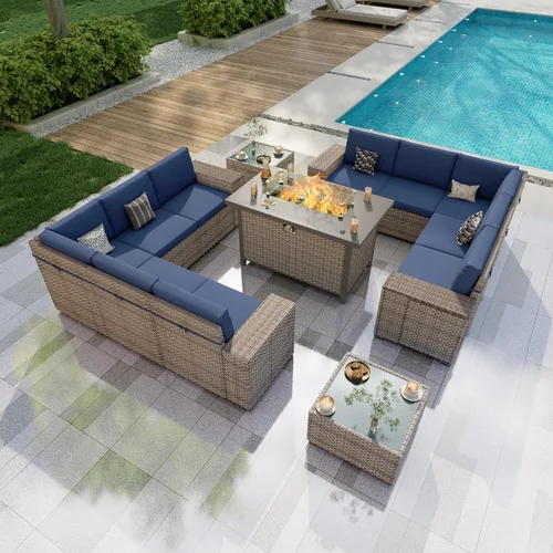 Vista 17 de Juego de muebles de patio de 6 piezas, sofá modular para exteriores con reposabrazos anchos, sofá de grupo de asientos de mimbre con mesa auxiliar