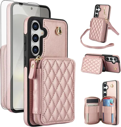 Vista 14 de Asuwish Funda de teléfono para Samsung Galaxy S25 5G Wallet Cell Cover con protector de pantalla de vidrio templado, correa cruzada de muñeca