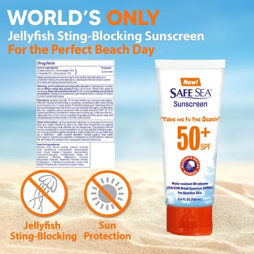Vista 2 de SAFE SEA Protector solar que bloquea las picaduras de medusas, SPF 50+, loción de tamaño de viaje, impermeable, biodegradable, protector solar