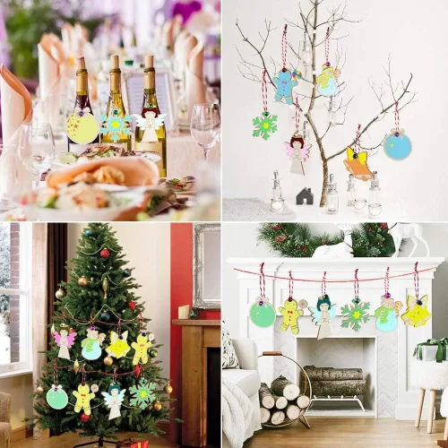 Vista 6 de OurWarm 48 adornos de Navidad de madera, 6 estilos de adornos de rebanadas de madera sin terminar, juego de adornos de Navidad con campanas