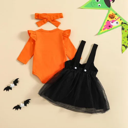 Vista 2 de Disfraz de Halloween para niñas pequeñas, body de manga larga con tirantes de tul, falda de gato, diadema, lindos trajes para recién nacidos