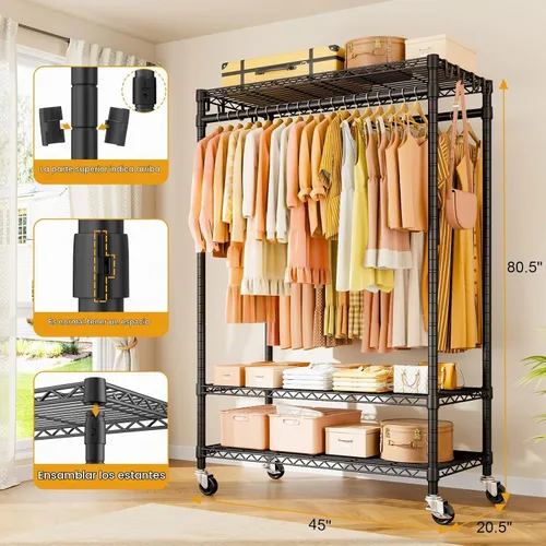 Vista 6 de ULIFHOME P7 - Perchero enrollable para ropa, estantes para colgar ropa, estante resistente para prendas con ruedas, estante de clóset portátil de 3