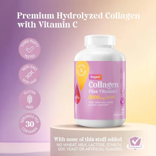 Vista 2 de 21st Century Super Collagen Plus - Tabletas de vitamina C, 6000 mg, 180 Colágeno de 6000 mg por porción con vitamina C para ayudar a mantener