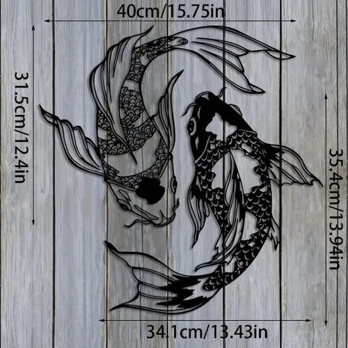 Vista 4 de YBLCOZYC 2 piezas de arte de pared de pez koi, escultura de pescado de Feng Shui de metal, adorno colgante para interiores y exteriores, con regalo