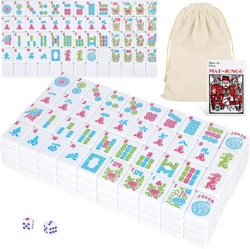 Vista 8 de deAO American Mahjong Tile Set 166 Pcs 1.2" with Bag & Dice for Family Game Blue