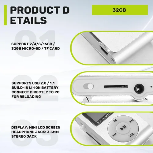 Vista 3 de Mini USB Clip MP3 Reproductor de Pantalla Video Soporte 32GB Tarjeta Micro-SD TF