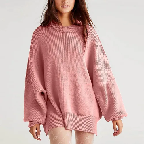 Vista 2 de Suéteres de otoño para mujer, a la moda, a rayas, de manga larga, cuello redondo, de punto acanalado, sueltos