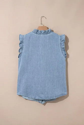 Vista 7 de Dokotoo Chaleco de mezclilla para mujer, casual, de verano, con botones, peplum, cuello en V, sin mangas, camisa de mezclilla