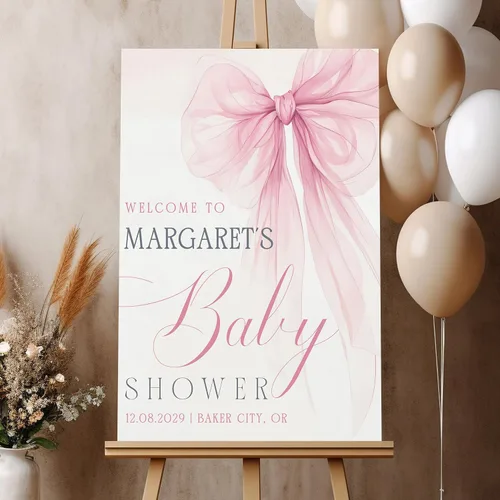 Vista 4 de Letrero personalizado de bienvenida al baby shower, con lazo rosa con decoración elegante, espacio acogedor, ideas creativas y momentos alegres