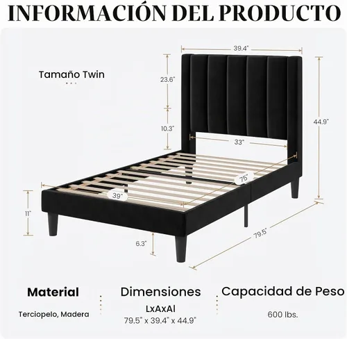Vista 2 de SHA CERLIN Marco de cama individual con plataforma tapizada de terciopelo con cabecero, soporte de listones de madera resistente, base de colchón