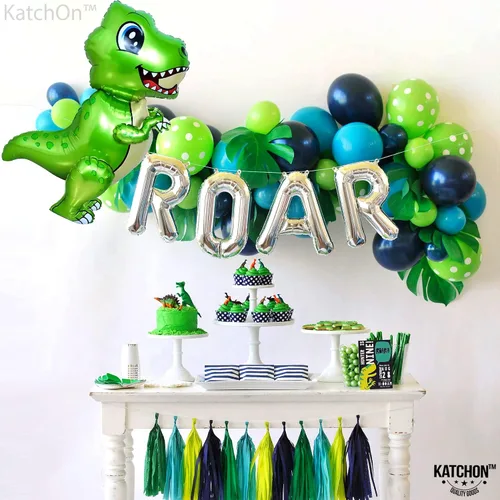 Vista 6 de KatchOn, Globo grande de dinosaurio verde – 25 pulgadas, globo TRex Globos de dinosaurio para fiesta de cumpleaños Decoraciones de fiesta