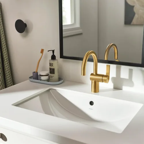 Vista 9 de Moen Cia 6221BG - Grifo de lavabo de baño con una sola manija con placa incluida, oro cepillado