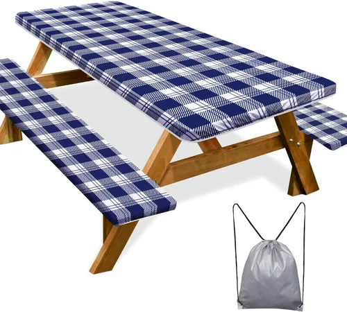Vista 49 de Funda de mesa de picnic con fundas para bancos Esenciales de camping Mantel de picnic impermeable y a prueba de viento con bolsa de cordón, funda