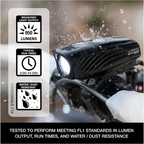Vista 2 de NiteRider Lumina Micro - Luz delantera recargable USB-C de 950 lúmenes – 5 modos de luz LED compacta, IP64 impermeable para ciclismo de carretera
