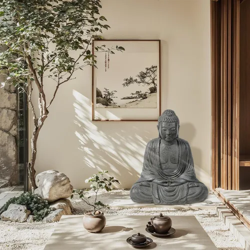 Vista 3 de LuxenHome - Estatua de Buda para exteriores e interiores, estatuas de jardín de Buda meditadoras de piedra de fibra de 17 pulgadas, esculturas zen