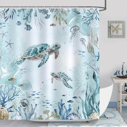 Vista 9 de Bonhause - Cortina para ducha de medusa, cortina de baño de tortuga azul teja y mar azulado, diseño costero de playa, de 72 x 72 pulgadas