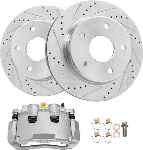 Vista 21 de Detroit Axle - Rotores de freno traseros perforados y ranurados + Reemplazo de calibrador de freno de disco trasero derecho para Acura TL Honda