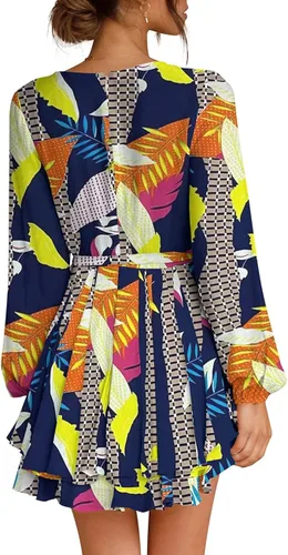 Vista 3 de Cosonsen Vestido corto de mujer con cuello en V profundo, manga larga, cintura con volados, vestido skater