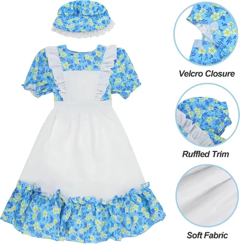 Vista 5 de Girls Pioneer Costume, Colonial Prairie Dress Bonnet 2 Pcs Floral Outfit for Kids Village Party Cosplay 3-10Y