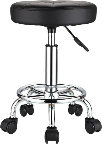 Vista 4 de HMTOT Taburete redondo con ruedas Silla giratoria ajustable de altura para spa salón masaje negro