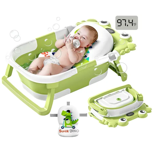 Vista 15 de Bañera plegable para bebés desde recién nacidos hasta niños pequeños con monitor de temperatura en tiempo real + cojín flotante, juego de bañera