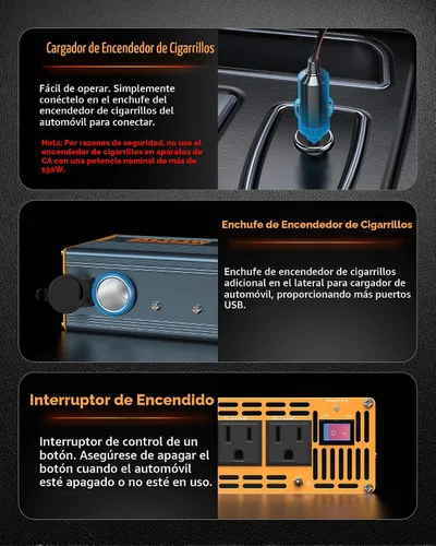 Vista 4 de Inversor de corriente de 300 W DC 12 V a 110 V Adaptador de CA con dos salidas de CA/2 puertos USB PD30W USB-C/2 QC18W/1 toma de encendedor