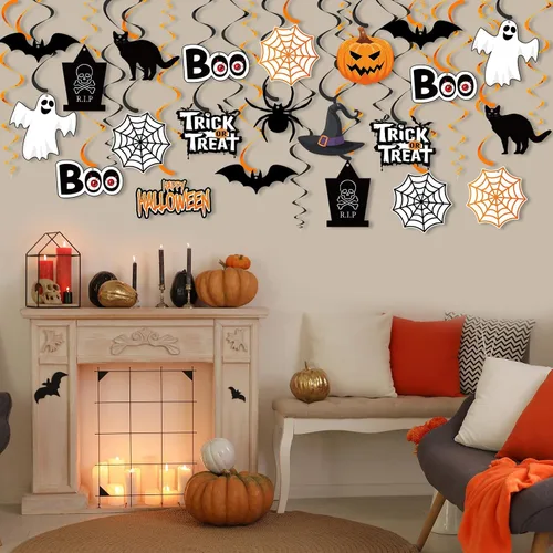 Vista 6 de Lincia 72 piezas de decoración de remolinos colgantes de Halloween, araña, fantasma, calabaza, decoración de techo, decoración de remolinos