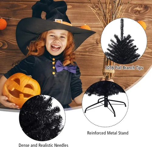 Vista 3 de Goplus Árbol de Navidad negro sin luz de 6 pies, árbol de Halloween artificial con 1036 puntas de rama, soporte de metal, árbol completo de Navidad