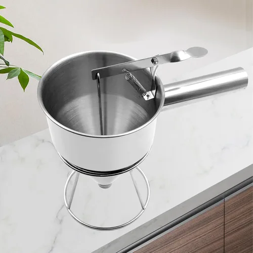Vista 6 de Dispensador de masa para panqueques de 40 onzas, dispensador de pastel de embudo de acero inoxidable con soporte, herramienta de hornear resistente