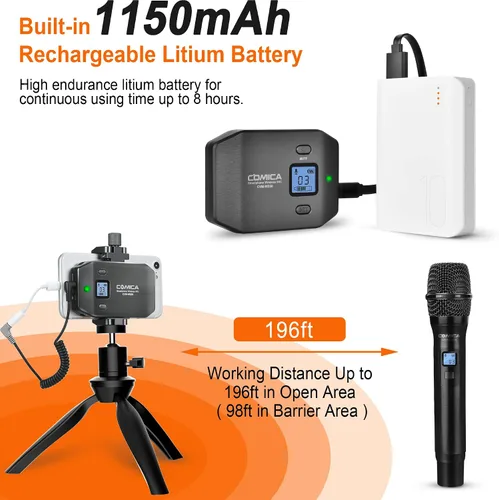 Vista 3 de COMICA CVM-WS50 Micrófono de mano inalámbrico, micrófono profesional de entrevista de mano para iPhone, teléfonos Android, cámara, micrófono